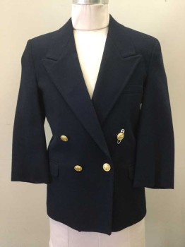 CHRISTIAN DIOR, Navy Blue, Wool, Solid, Boys Sport Coat. Wool, Peaked Lapel. Gold Buttons, 2 Pockets with Flaps. 1 Welt Pocket. ( 1 Gold Button Needs to Be Sewn Back On)