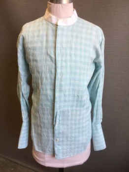 CHRIS SHIRTS, Lt Blue, White, Linen, Check , Light Blue with Faint White Check, Long Sleeve Button Front, Solid White Band Collar, French Cuffs,  Made To Order Reproduction,