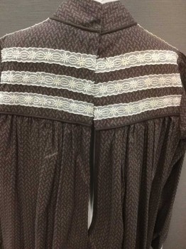 N/L, Chocolate Brown, Off White, Turquoise Blue, Mauve Pink, Green, Cotton, Floral, Brown with Turquoise/Mauve/Green Floral Print, Zip Back, Off White Embroidered Ribbon Stripes on Yoke and Cuff, Band Collar, Chocolate Piping Around Neck and Across Yoke, Gathered at Yoke and Sleeve, Hook & Eyes Back, Hook & Eyes Cuff
