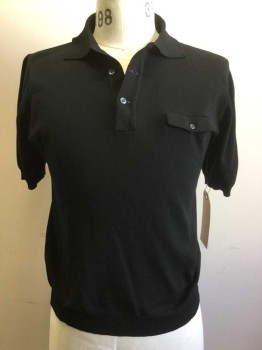 N/L, Black, Acrylic, Solid, Pullover, Short Sleeves, 3 Buttons, Faux Button Pocket, Rib Knit Collar/ Cuffs and Waistband,