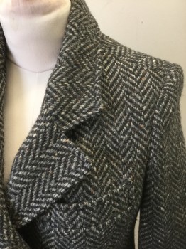 COATWORKS, Charcoal Gray, Lt Gray, Beige, Wool, Herringbone, Speckled, Charcoal and Light Gray Oversized Herringbone with Beige Specks, Heavy Wool, Double Breasted, Notched Lapel, Padded Shoulders, 3 Pockets, Knee Length,