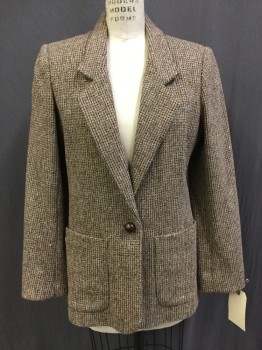 BILL HARGATE, Tan Brown, Brown, Cream, Wool, Tweed, Single Breasted, 1 Button, 2 Patch Pocket, Notched Lapel,