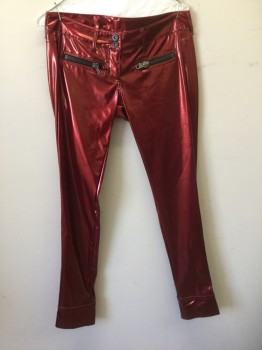 LIP SERVICE, Cherry Red, Metallic, Faux Leather, Solid, Pants: Low Rise, Slim Leg, Zip Fly, 4 Zip Pockets, Belt Loops, Panel at Cuff