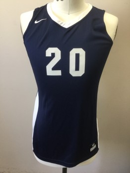 NIKE DRI FIT, Navy Blue, White, Polyester, Color Blocking, Navy with White V-neck, White Panels at Sides with Navy Stripes, Sleeveless, "20" at Front and Back