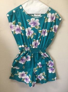 N/L, Teal Green, Purple, White, Green, Cotton, Floral, Jumpsuit Shorts, Cap Sleeve, White Button Shoulders, Elastic Smocked Waist, 2 Pockets