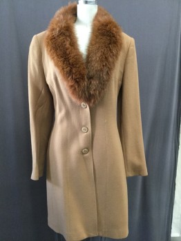 VERTIGO, Lt Brown, Wool, Fur, Solid, Brass Button Front, Shawl Collar Detachable Fox Fur Notched Lapel,