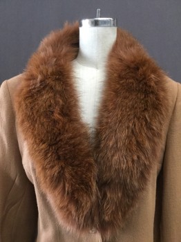VERTIGO, Lt Brown, Wool, Fur, Solid, Brass Button Front, Shawl Collar Detachable Fox Fur Notched Lapel,