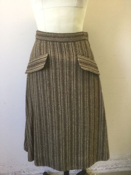 N/L, Brown, Tan Brown, Cotton, Stripes - Vertical , Abstract , Brown and Tan Vertical Stripes with Geometric Lines, Thick Woven Fabric, 1.5" Waistband, A-line, 2 Faux Slanted Flap Pockets at Hips, Made To Order Reproduction, Has a Double