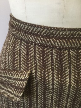 N/L, Brown, Tan Brown, Cotton, Stripes - Vertical , Abstract , Brown and Tan Vertical Stripes with Geometric Lines, Thick Woven Fabric, 1.5" Waistband, A-line, 2 Faux Slanted Flap Pockets at Hips, Made To Order Reproduction, Has a Double