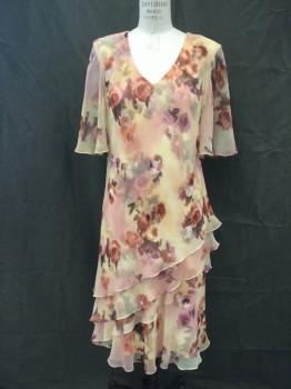 CATTIVA, Butter Yellow, Rust Orange, Aubergine Purple, Brown, Mauve Pink, Polyester, Floral, Floral Chiffon Asymmetrical Tiered Skirt, V-neck, Sheer Bell Ruffle Short Sleeves