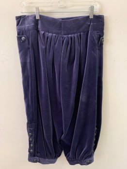 MTO, Aubergine Purple, Cotton, Solid, Fall Front Breeches, Velveteen, Black Metal Buttons, Gathered Back, Buttons and Tab at Knee, Rust Stains at Waist From Pins