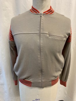 APPARATUS, Khaki Brown, Poly/Cotton, Acrylic, Zip Front, Long Sleeves, 2 Pockets, Red Stripes on Neck, Arm, & Cuffs, Rib Knit Neck, Cuff, & Waist