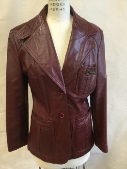 FOX 21, Brown, Leather, Solid, Reddish-brown with Reddish-brown Lining, Notched Lapel, 2 Button Front, 3 Pockets, Long Sleeves, 1 Split Back Center Hem