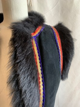 VALENTINO, Black, Purple, Gold, Faded Red, Fur, Suede, Solid, Stripes, Open Front, Black Fur Lining, Purple, Gold, and Red Scallop Trim