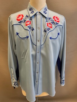 H BAR C, Baby Blue, Royal Blue, Pink, Polyester, Novelty Pattern, Floral, Twill, Elaborate Nudie Inspired Embroidery, L/S, Snap Front, Collar Attached,  Blue Hanging Fringe at Sleeves and Back Yoke, Small Rhinestones Amongst Embroidery
