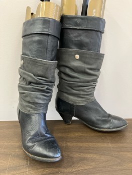 FRYE, 2 Tone Black, Leather, Below Knee, Inner Cuffed Boot, Outer Snap Down Slouch, Medium Heel