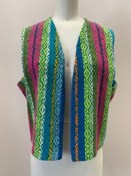 NO LABEL, Green, Blue, Hot Pink, Lime Green, Dk Purple, Acrylic, Tapestry, Sleeveless, Open Front, Made To Order