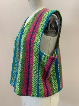 NO LABEL, Green, Blue, Hot Pink, Lime Green, Dk Purple, Acrylic, Tapestry, Sleeveless, Open Front, Made To Order