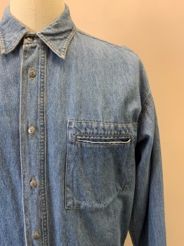 CITY BOY, Denim Blue, Cotton, Solid, S/S, Button Front, Collar Attached, Chest Pocket