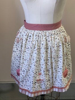 NL, Cream, Taupe, Gray, Dusty Rose Pink, Cotton, Floral, Half Apron, Tie Belt, 2 Pockets, Solid Waistband, Stripes On Pockets & Hem,