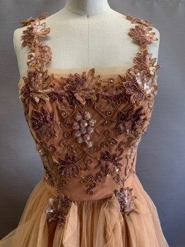 NO LABEL, Sienna Brown, Copper Metallic, Dk Purple, Polyester, Leaves/Vines , Sleeveless, Tulle Traps with Beaded Detail, Beaded Chest, Layered Tulle Skirt, Side Zipper
