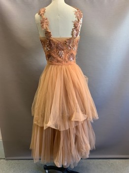 NO LABEL, Sienna Brown, Copper Metallic, Dk Purple, Polyester, Leaves/Vines , Sleeveless, Tulle Traps with Beaded Detail, Beaded Chest, Layered Tulle Skirt, Side Zipper