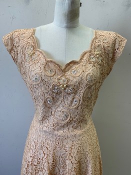 Prima, Lt Orange, Cotton, Polyester, Floral, S/S, Round Neck, Full Lace, Beaded Pearl and Sequins Detail, Side Zipper