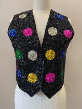NO LABEL, Black, Hot Pink, Gold, Emerald Green, Blue, Polyester, Sequins, Spots , 3 Buttons, Single Breasted, V-N, Full Sequins And Beads, Belted Back