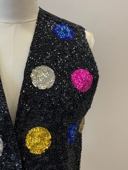 NO LABEL, Black, Hot Pink, Gold, Emerald Green, Blue, Polyester, Sequins, Spots , 3 Buttons, Single Breasted, V-N, Full Sequins And Beads, Belted Back