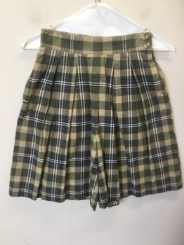 JONES NY, Tan Brown, Olive Green, Black, White, Yellow, Cotton, Plaid, 2" Waist Band, with 2 Buttons, Big Pleats, 3 Pockets