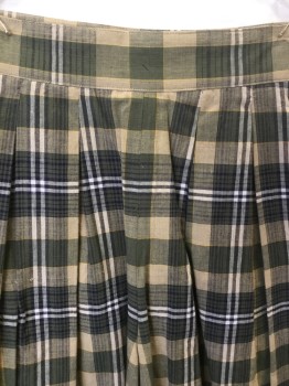 JONES NY, Tan Brown, Olive Green, Black, White, Yellow, Cotton, Plaid, 2" Waist Band, with 2 Buttons, Big Pleats, 3 Pockets