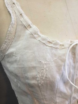 FOX1215, White, Cotton, Linen, Scoop Neckline with Drawstring Ribbon Trim, Button Front Closure, White Floral Embroidery On Cloth