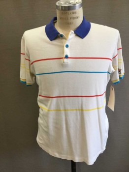 FILA, White, Cotton, with Blue Ribbed Knit Collar, S/S, Red/Blue/Yellow Thin Horizontal Stripes, 3 Buttons
