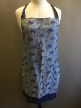 SUR LA TABLE, Denim Blue, Cotton, with Navy/Yellow Floral Print, Crochet Floral Lace Hem, Self Back Tie, Solid Navy Neck Strap