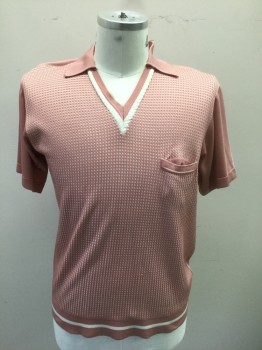 N/L, Mauve Pink, White, Polyester, Grid , Solid, Mauve with White Grid/Waffle Texture Banlon Knit, Solid Mauve Sleeves and Collar Attached, Short Sleeves, V-neck with White Edging, 1 Welt Pocket at Chest,