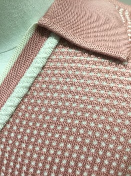 N/L, Mauve Pink, White, Polyester, Grid , Solid, Mauve with White Grid/Waffle Texture Banlon Knit, Solid Mauve Sleeves and Collar Attached, Short Sleeves, V-neck with White Edging, 1 Welt Pocket at Chest,