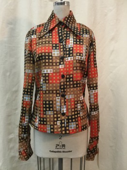 CANDA, Brown, Lt Brown, Black, Red, Gray, Synthetic, Geometric, Shirt, Button Front, Collar Attached, Long Sleeves,