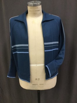 WAGNER, French Blue, Polyester, Wool, Heathered, Stripes - Horizontal , Collar Attached, Raglan L/S, No Closures, Textured Weave, Stripes in Various Width & Colors of Light Grey Blue / Powder Blue, Gray Piping Down Both Sleeves, Ribbed Knit Cuffs & Waistband