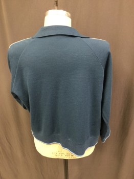 WAGNER, French Blue, Polyester, Wool, Heathered, Stripes - Horizontal , Collar Attached, Raglan L/S, No Closures, Textured Weave, Stripes in Various Width & Colors of Light Grey Blue / Powder Blue, Gray Piping Down Both Sleeves, Ribbed Knit Cuffs & Waistband