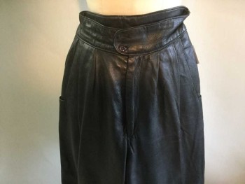 LIZ ROBERTS, Black, Leather, Solid, Double Pleats, 2 Pockets, Zip Front, Double Button Tab Wide Waistband,