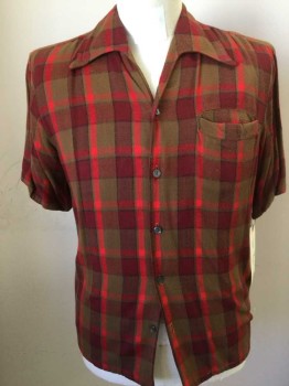 SEARS, Brown, Red, Dk Red, Synthetic, Check , Flannel, Button Front, Open Collar V-neck, 1 Pocket, Short Sleeves