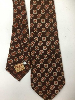 BOTANY, Dk Brown, Wool, Burnt Orange Circles and Paisleys Surrounded By Cream on a Dark Brown Background