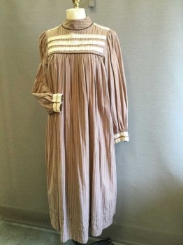 M.T.O., Brown, Cream, Cotton, Rayon, Stripes, Girls Dress. Brown Pin Stripe Cotton with Cream Eyelet Lace Trim at Yoke Front & Back, & Cuffs, Long Sleeves, Hook & Eye Closures at Center Back, Upper, High Collar Band