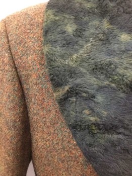 N/L, Brown, Wool, Fur, Speckled, Solid, Finely Specked Brown/Olive/Rust Wool, Large Dark Greenish Black Fur Shawl Collar, 3 Self Fabric Covered Buttons, 4 Pockets, Burgundy Lining,