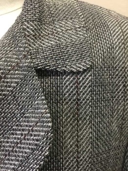 N/L, Gray, Charcoal Gray, Black, Red Burgundy, Wool, Stripes - Vertical , Speckled, Dashed/Specked Weave, Double Breasted, Rounded Lapel, 2 Pockets, Sienna Brown Silk Lining, Made To Order **Has Small Hole Below Buttons in Front,