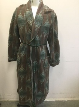 N/L, Brown, Sea Foam Green, Cream, Cotton, Geometric, Southwestern Inspired Geometric Pattern, Long Sleeves, Shawl Lapel, Green Piping Trim, Comes with Green Rope Cord Belt, Made To Order