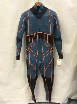 MTO, Teal Blue, Black, Orange, Rubber, Vinyl, Basket Weave, Solid, Solid Black Inlay, Mock Collar Attached, Neon Orange Piping Trim Detail Work, Large Black Zip Front, Long Sleeves, Spacesuit, Astronaut