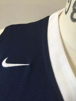 NIKE DRI FIT, Navy Blue, White, Polyester, Color Blocking, Navy with White V-neck, White Panels at Sides with Navy Stripes, Sleeveless, "2" at Front and Back