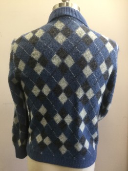 N/L, Steel Blue, Gray, White, Acrylic, Argyle, Button Front, Long Sleeves, Rib Knit Collar Attached, Has a 'Mohair' Look to It.