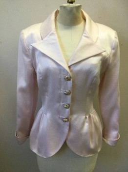 VICTOR COSTA, Ballet Pink, Acetate, Polyester, Solid, Evening Jacket, Horizontal Ribbed, Shawl Collar with Notch Lapel, 3/4 Sleeve with Rolled Up Hem, 4 Gold/Rhinestone Buttons, Hip Peplum, *Note: Skirt is a Large Size 8, While Jacket Fits More Like a 6